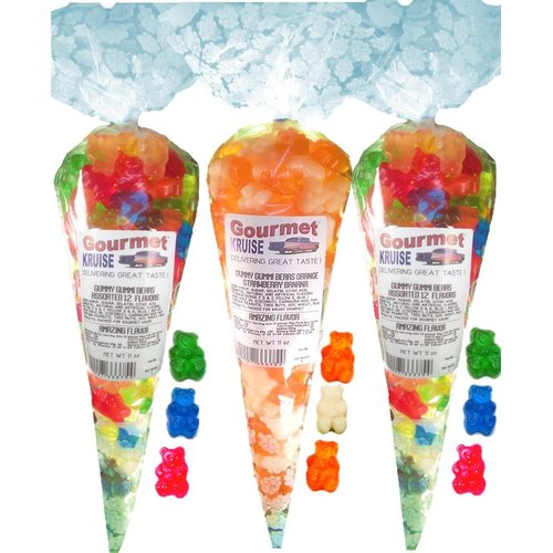Gummy Bears (2) Assorted 12 Flavor Mix (1) Energy Orange White Strawberry Banana Gummi (NET WT 33 OZ) Gourmet Kruise Signature Gift Bags