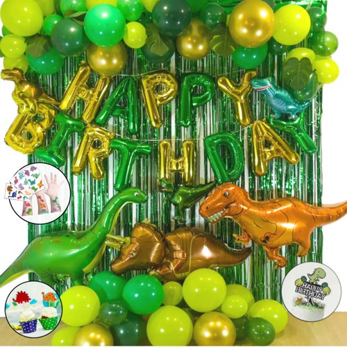 Dinosaur Party Decoration - Dinosaur Party Supplies, Little Dino Party Decorations Set, 30" BIG T Rex, Cake Topper, Tattoo Stickers, Happy Birthday Balloon Garland Green Curtains & Party PDF(Green)