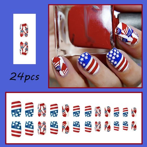 24Pcs Medium Long Press On Nails Independence Day Fake Nails with Blue Red Five-Pointed Star Designs American Flag Acrylic Nail Glossy Artificial Nails 4th July False Nails Holiday Manicure Decoration
