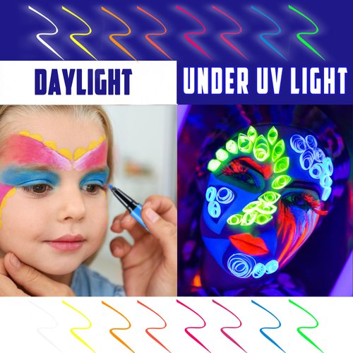 CCbeauty Liquid Face Paint Makeup 8 Colors Sweatproof Smudgeproof, Waterproof UV Glow Neon Eye Liner Set, Body Painting Kit for Artist Kids Halloween Tattoo Pens Christmas Birthday Gift