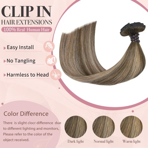 HUAYI Ombre Clip in Hair Extensions Real Human Hair，Medium Brown Ombre to Caramel Blonde Balayage 120g 16 inch Highlights 100% Human Hair Full Head Silky Natural Straight Woman Beauty Clip ins #4/27/4