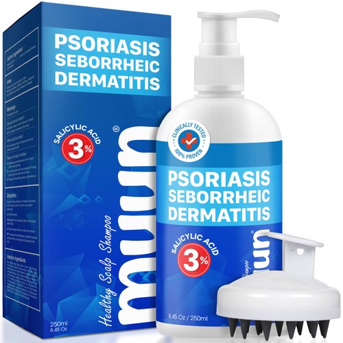 Muun Psoriasis Shampoo Seborrheic Dermatitis Shampoo - Dandruff & Folliculitis Treatment - Fast Dry Itchy Scalp Relief - Anti Dandruff Shampoo - Scalp Massager Included