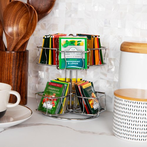Mind Reader Tea Bag Carousel, Tea Station Organizer, Countertop Storage, Kitchen, Metal, 7" L x 7" W x 8.25" H, Silver