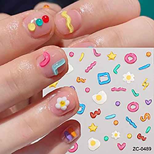 Cute Nail Art Stickers Decals 5D Jelly Beans Nail Decals Embossed Fondant Gum Nail Art Supplies Colorful Line Letter Fried Eggs Design Nail Stickers Self-Adhesive Water Drop Star Nail Art Decals 4PCS