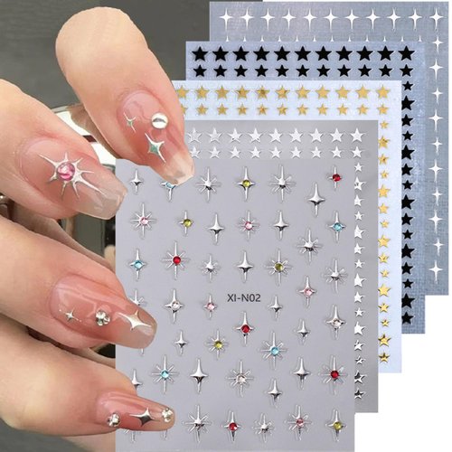 8 Sheets Star Nail Stickers Decals 3D Self Adhesive Star Nail Declas with Gem Design Black White ...