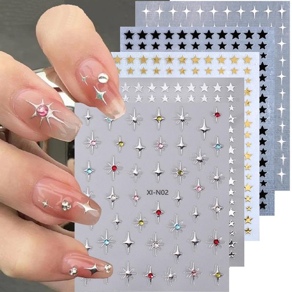8 Sheets Star Nail Stickers Decals 3D Self Adhesive Star Nail Declas with Gem Design Black White Gold Silver Stars Nail Design Stickers for Women Girls DIY Star Nail Art Decoration Supply