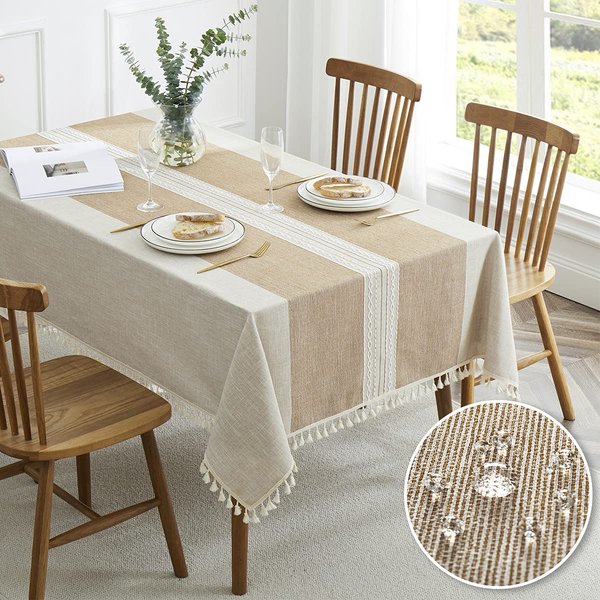 QIANQUHUI Embroidered Tablecloth for Dining Table,Dust Proof Spillproof Soil Resistant Cotton Linen Rectangle Table Cloths (Coffee, Rectangle/Oblong, 55'x70'', 4-6 Seats)