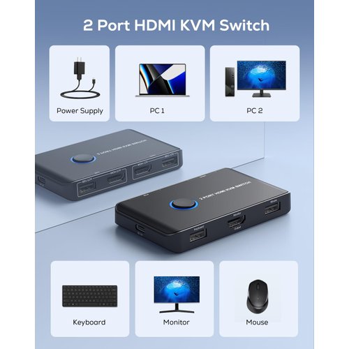 KVM Switch HDMI 2 Port Box,ABLEWE USB and HDMI Switch for 2 Computers Share Keyboard Mouse Printer and one HD Monitor,Support UHD 4K@60Hz,with 2 USB Cable and 2 HDMI Cable