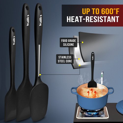 Walfos Silicone Spatula Set of 5 - (600°F) High Heat Resistant Kitchen Scraper Spatulas, One-Pieces Seamless Design, Perfect for Cooking Mixing & Baking - BPA Free and Dishwasher Safe,black