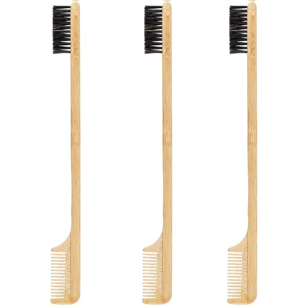 Geiserailie 3 Pieces Mustache Brush 2-in-1 Edge Hair Brush Comb, Gentle Control Brush, Wood Eyebrow Tool