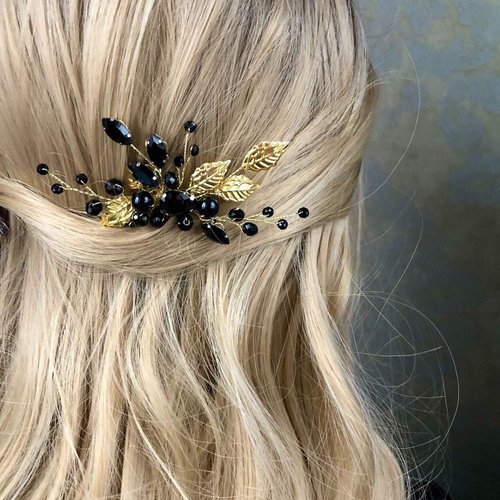 Kercisbeauty Something Green Crystal Gold Hair Comb for Wedding Brides Handmade Boho Leaf Hair Accessories for Dancing Prom (Black)