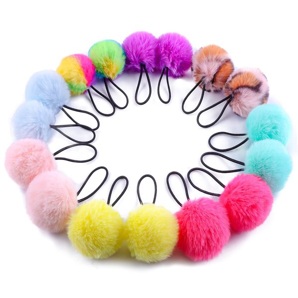 16pcs Pom Pom Hair Ties for Girls Soft Fluffy Ponytail Holders PomPom Hair Band for Toddlers