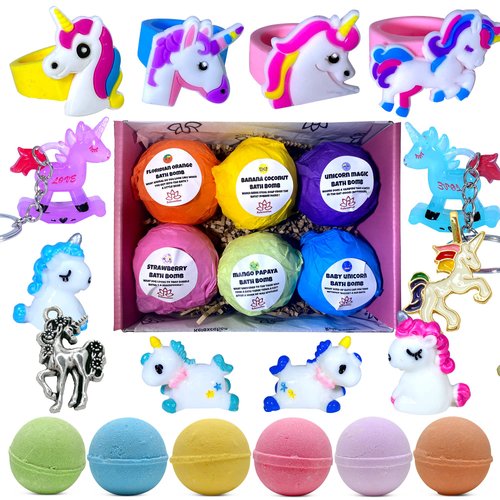 Unicorn Bath Bombs for Girls with Surprise Toys Inside for Kids | Cute Unicorn Ring, Keychain, Necklace, Toys and Bonus Unicorn Purse - Multi-Colored Bath Balls with Unicorn Toys Inside - Handmade