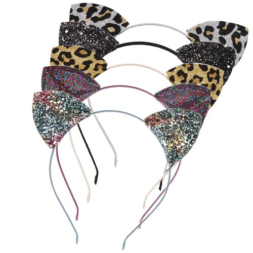 Lirila Leopard Christmas Sequin Cat Ears Headband,Glitter/Leopard Print Cat Ears, Hair Headbands Party Decoration for Girls and Women,Assorted Colors,One Size,Pack of 5(Multicolor)
