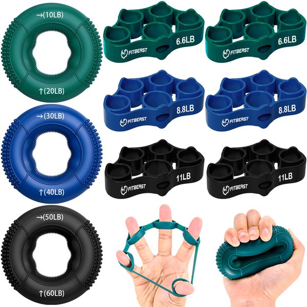 FitBeast Hand Grip Strengthener, Finger Exerciser, Forearm Strengthener Kit - 9 Pack, Targeted Hand & Forearm Strength, Relief & Recovery Kit (Deep Blue)