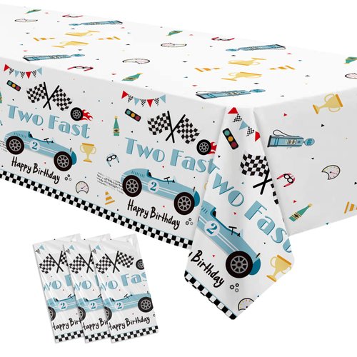 Suhelkit Race Car Two Fast Birthday Decorations Party Tablecloth - Racing Car 2nd Birthday Party Supplies Table Cover, Blue 2 Fast 2 Curious Birthday Decorations Table Cloth | 3 Pack (54in x 108in)