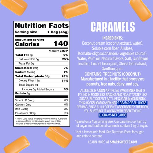 SmartSweets Caramel Candies, 1.6oz (Pack of 12), Creamy Candy with Low Sugar (1g), Low Calorie (140), Plant Based, Gluten Free, No Artificial Colors or Sweeteners, Healthy Snack for Kids & Adults