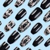 Black Press on Nails Medium Square Black Rose Nails Press ons Flower False Nails with Design Ombre Flat Fake Nails Glossy Black Stick on Nails for Women Summer Acrylic Full Cover Nails Kit 24Pcs