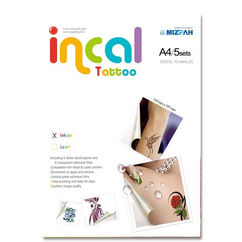 [Incal Tattoo] Inkjet & Laser Printable Waterproof Temporary Tattoo: 5 Sets(8.27 inchx11.7 inch) - Hobby & DIY Personalized Tattoo on your body (Inkjet Printer)