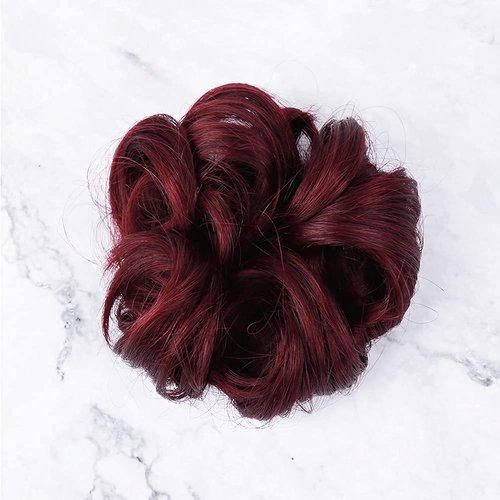 Bella Hair 100% Human Hair Scrunchies Messy Bun Hair Piece for Women Wavy Curly Up-Do Chignon Extensions (#99J Red Wine/#118 Burgundy)