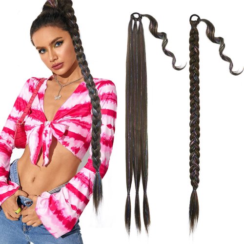HANNE 34 inch Long Box Braided Ponytail with Sparkling Tinsel Hair Ponytail for Black Women Hair Tie Wrap Around Tinsel Ponytail Extension (8/10#)