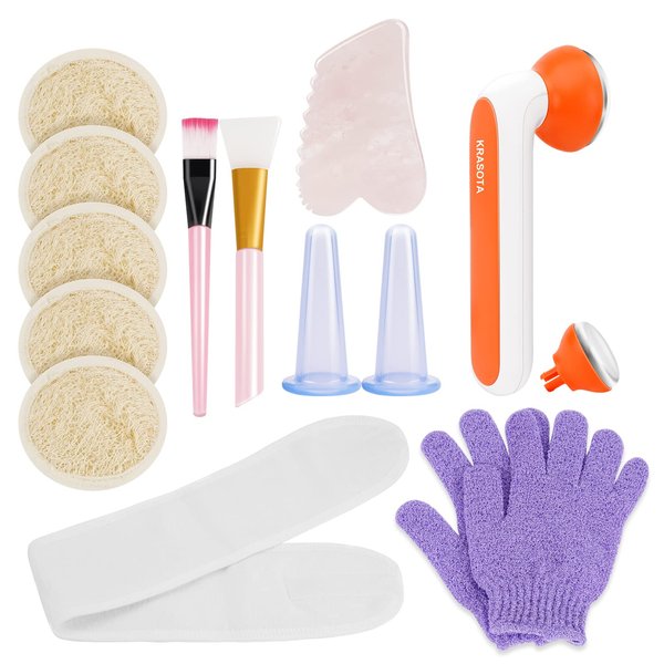 Facial massage Tools Set Skin Care Kit, Ice Roller Face Gua Sha Facial Tool, Exfoliating Loofah Sponge Pads, Face Massaging Gloves, Cupping Set Massage Therapy Cups, Nice Gift for Mom Wife Girlfriend