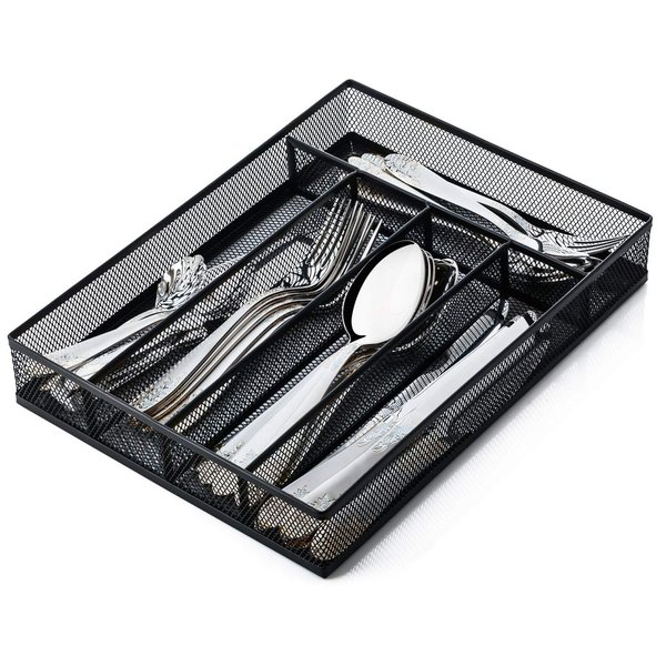 JANE EYRE Utensil Drawer Organizer, Cutlery Tray Silverware Flatware Storage Divider for Kitchen, Mesh Wire with Non-slip Foam Feet, 5 Component, Black