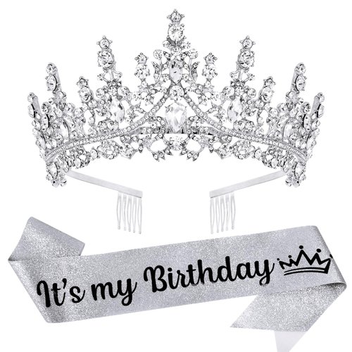VELSCRUN Silver Crystal Birthday Tiara Crowns for Women Girls It's My Birthday Sash Queen Girls Princess Crown with Combs Happy Birthday Party Decorations Mom Sisters Birthday Gift Hair Accessories