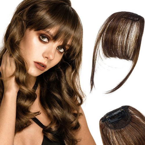 2Pcs Bangs Hair Clip in Extensions, French Hair Bangs Fringe Hair Extension One Piece Clip on Front Bangs Hairpiece Forehead Topper, Clip in Fringe Wigs Synthetic for Girls Women, Fashion Light Brown