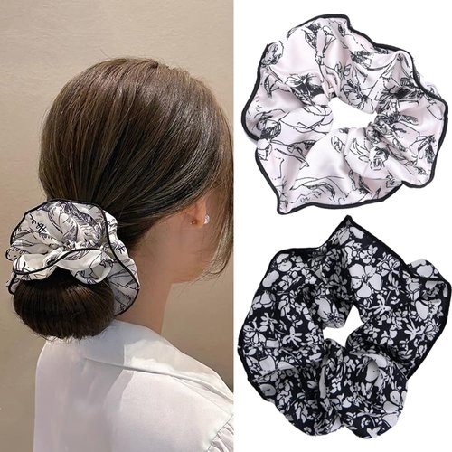 Printed Hair Scrunchies Hair Tie for Women Girls Elastic Hair Ties for Women Solid Color Ponytail Holders for Women Floral Hair Ties Accessories for Women Girls 2pcs