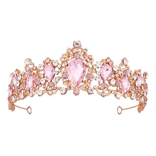Crowns for Women, Vofler Rose Gold Tiara w/Pink Crystal - Baroque Rhinestone Head Piece Accessories for Princess Girls Queen Bridal Bride Birthday Wedding Prom Quinceanera Halloween Costume Party