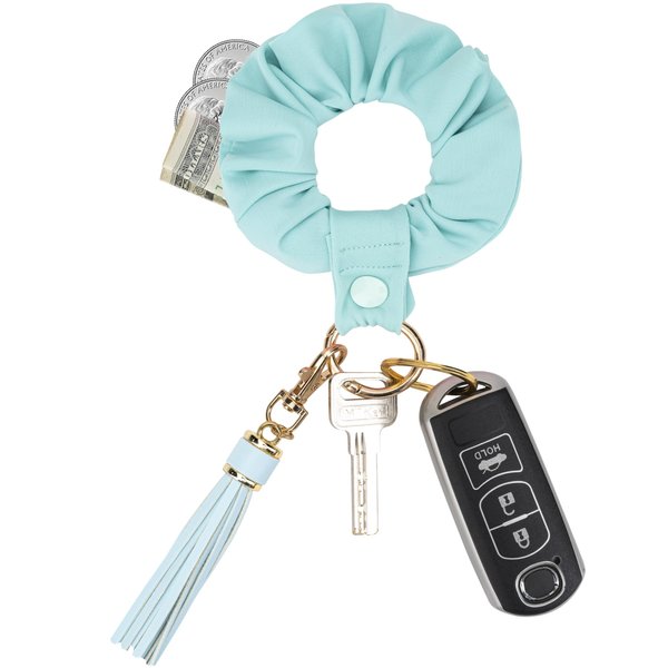 ANHBKAR Scrunchie Wristlet with Zipper Pocket - Hair Satin Scrunchies for Curly Hair - Key Ring Bracelet for Women, Girls (1, LIGHT BLUE A)