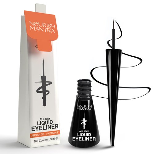 Nourish Mantra's All-Day Liquid Eyeliner 3ml | Formulated with Argan Oil, Vitamin E & Glycerine | Intense Pigmentation | Smudge Proof | Waterproof | Long Lasting | Matte Finish | Black Color
