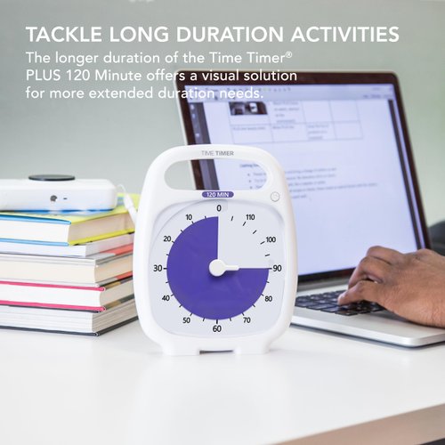 TIME TIMER PLUS 120 Minute Desk Visual Timer Countdown Timer with Portable Handle for Classroom, Office, Homeschooling, Study Tool, with Silent Operation (White)