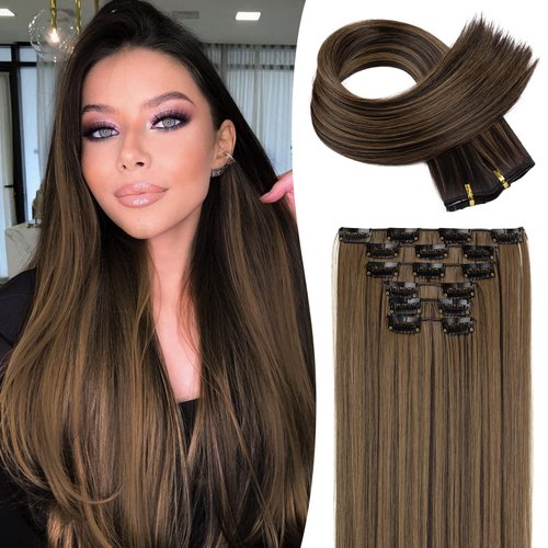 Clip in hair extensions，LONAI 6PCS Straight 24" Hair Extensions for Women，Heat Resistant Synthetic Hairpiece-Black Brown with Highlights