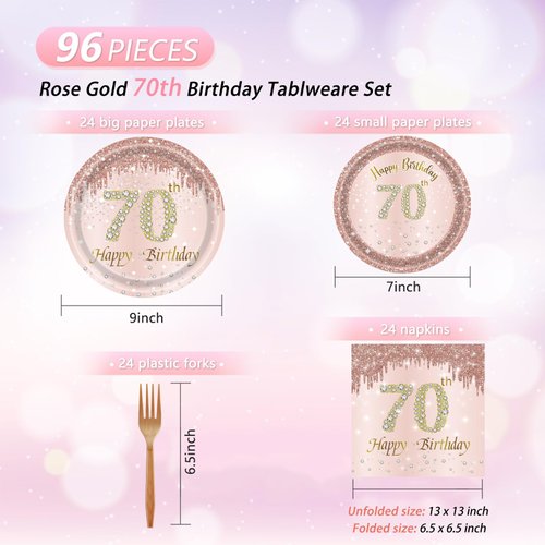 96PCS 70th Birthday Decorations for Women Rose Gold 70 Years Birthday Party Supplies Rose Gold Birthday Supplies Plates and Napkins Forks Disposable Tableware Set for Gifts Women1954 Themed Party