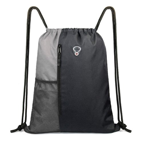 BeeGreem Grey Sport Bag Drawstring Backpack String Bag For Men Women Gym Backpack With Water Bottle Mesh Pockets And Two Zipper Pockets 16" x 20"