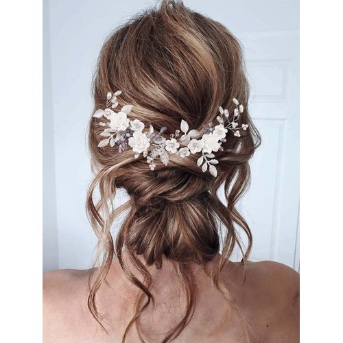 Catery Flower Bride Wedding Headbands Silver Hair Vine Blue Rhinestones Bridal Headpiece Leaf Wedding Hair Accessories for Women and Girls