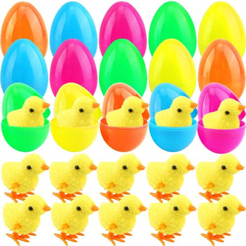 Cagemoga 40 Pack Easter Eggs Prefilled Wind Up Yellow Chick Toys Jumping Chicken Toy for Easter Egg Hunt Game Easter Basket Stuffers Party Supplies