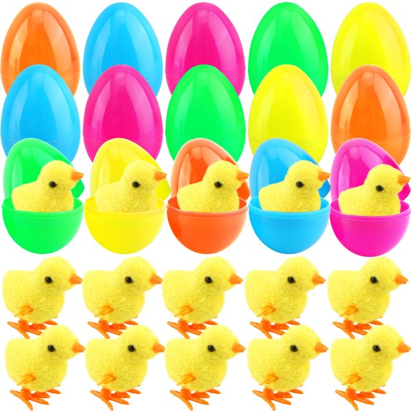 Cagemoga 40 Pack Easter Eggs Prefilled Wind Up Yellow Chick Toys Jumping Chicken Toy for Easter Egg Hunt Game Easter Basket Stuffers Party Supplies