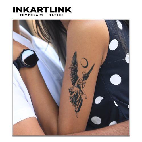 INKARTLINK Tattoo Tech, 2 Sheets Medium Semi Permanent Tattoo, Adult Art Design Temporary Tattoos For Men, Lasts 1-2 Weeks, Waterproof, Realistic Look, No Adhesive, No Reflection (Angel Design)