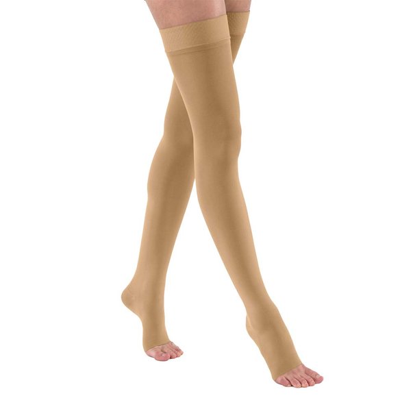 JOBST Opaque Thigh High with Silicone Dot Top Band, 30-40 mmHg Compression Stockings, Open Toe, Medium, Honey