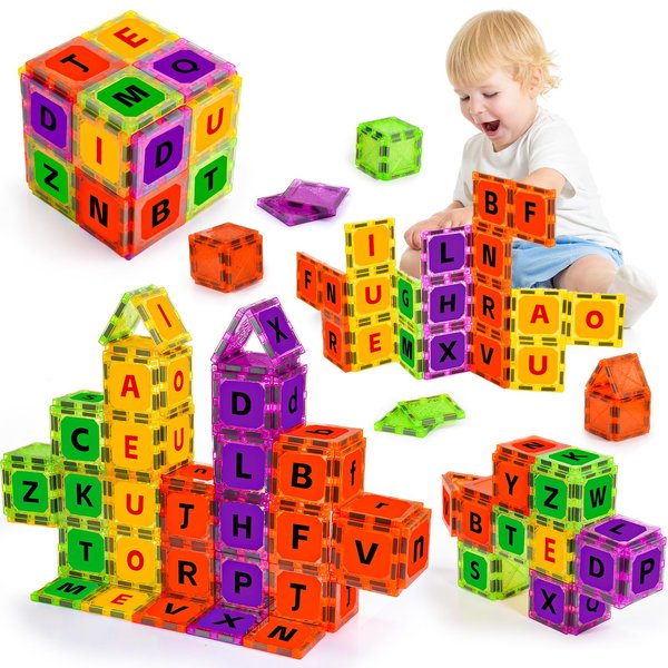 Magnetic Tiles Letters Toys, Alphabet Learning Toys for Toddlers 1-3 2-4 4-8, Classroom Must Have 48PCS Construction Toy, Toddler Games for Preschool Kids Spelling, Learning, Building, Educational Toy