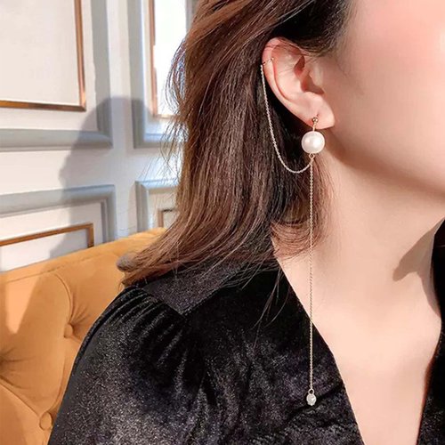 Sttiafay Vintage Long Pearl Drop Earrings Pearl Ear Cuff Chain Earrings Gold Long Tassel Pearl Earrings Pearl Wrap Crawler Earrings Jewelry for Women