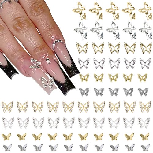 VOTACOS 3D Alloy Butterfly Nail Art Charms 70 PCS Silver Gold Butterfly Nail Decoration with Gems and Rhinestones for Nail Crystals Design Butterflies Nail Art Jewels Accessories DIY Nail Supplies