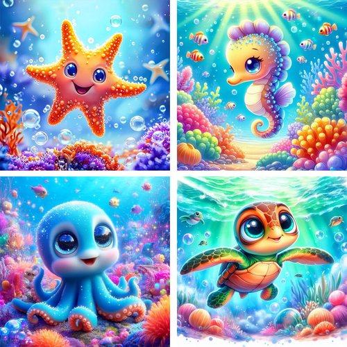 4 Pack Animals Paint by Number for Kids, Cute Sea Animals 4-8 Painting Kits for Kids Ages for Beginners,Easy Acrylic Watercolor Paint by Numbers Canvas Arts and Craftsfor Wall Decor Gift (8x8in).