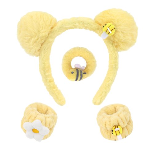 YARIEW Bear Ears Headband, Spa Headband, Wrist Washband and Hair Tie Set, Bear Headband Hairband for Makeup Facial Face Wash Headband Plush Bee Wrist Bands for Washing Face Bear Costume Cosplay