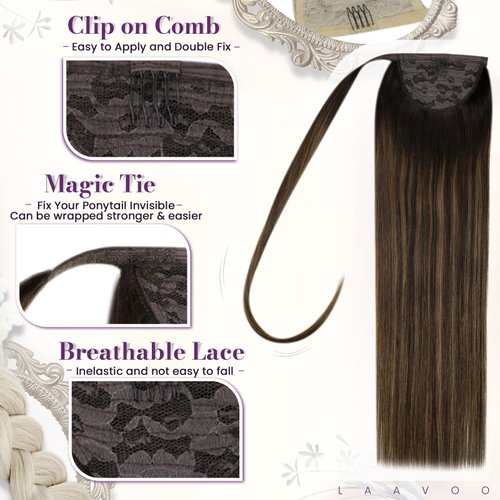 LaaVoo Pony Tails Hair Extensions Real Human Hair Balayage Dark Brown to Light Brown Real Hair Extensions Ponytail 16 Inch Human Hair Ponytail Extensions for Black Women Double Weft 80 Gram