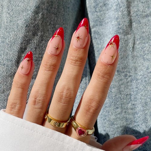 BABALAL French Tip Press on Nails Medium Almond Fake Nails Red Glue on Nails Rhinestone Acrylic Nails 24Pcs Glossy Stiletto Manicure Artificial False Nails Press on