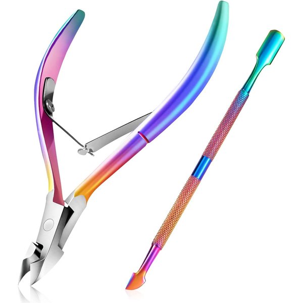 Easkep Cuticle Trimmer with Cuticle Pusher, Cuticle Remover Professional Stainless Steel Cuticle Cutter Nippers Rainbow Sharp Sturdy Pedicure Manicure Tools for Fingernails and Toenails 1